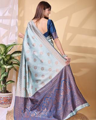 Skyblue color weaving jacquard traditional saree with blouse piece 5