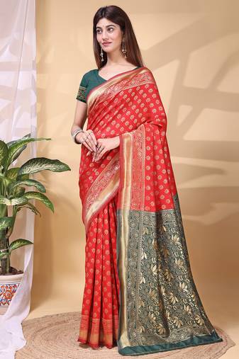 Red and green color weaving jacquard traditional saree with blouse piece