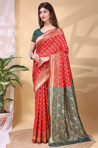 Red and green color weaving jacquard traditional saree with blouse piece
