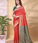 Red and green color weaving jacquard traditional saree with blouse piece