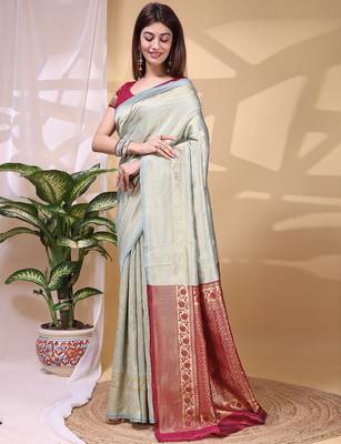 Skyblue color weaving jacquard traditional saree with blouse piece 4