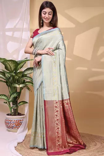 Skyblue color weaving jacquard traditional saree with blouse piece