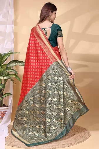 Red and green color weaving jacquard traditional saree with blouse piece