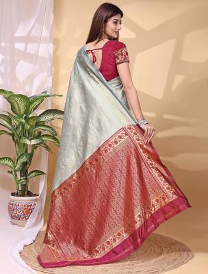 Skyblue color weaving jacquard traditional saree with blouse piece 5