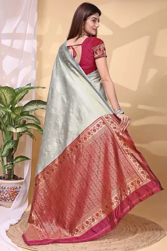 Skyblue color weaving jacquard traditional saree with blouse piece