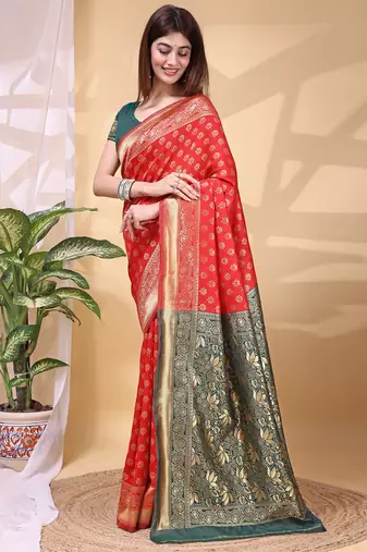 Red and green color weaving jacquard traditional saree with blouse piece