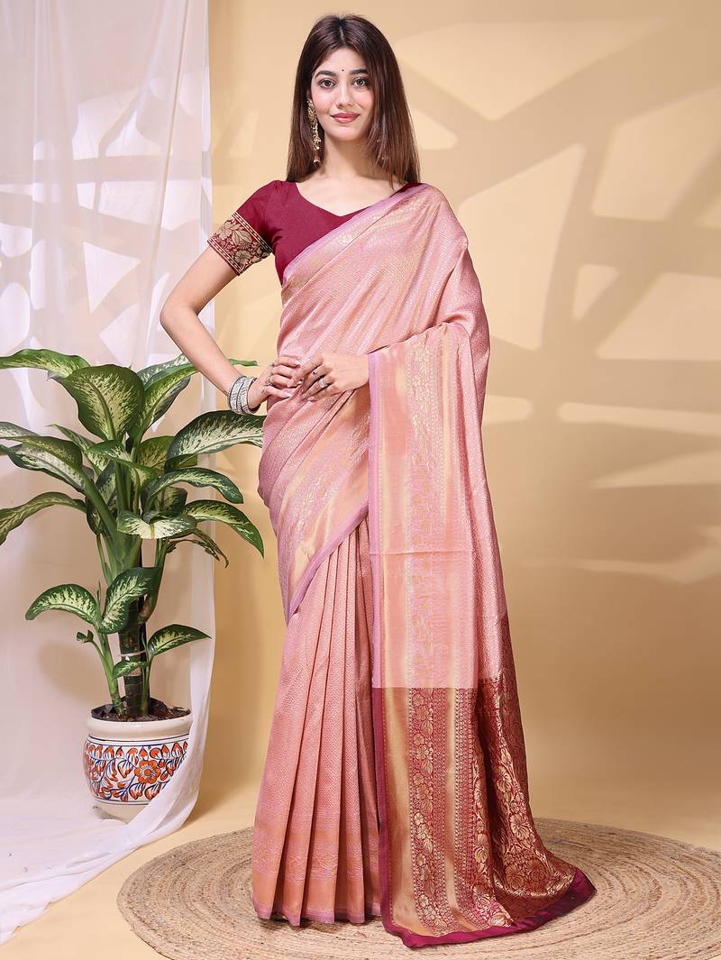 Babypink color weaving jacquard traditional saree with blouse piece