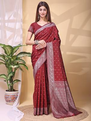 Maroon color weaving jacquard traditional saree with blouse piece 1