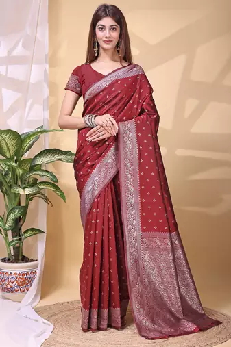 Maroon color weaving jacquard traditional saree with blouse piece