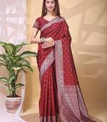 Maroon color weaving jacquard traditional saree with blouse piece