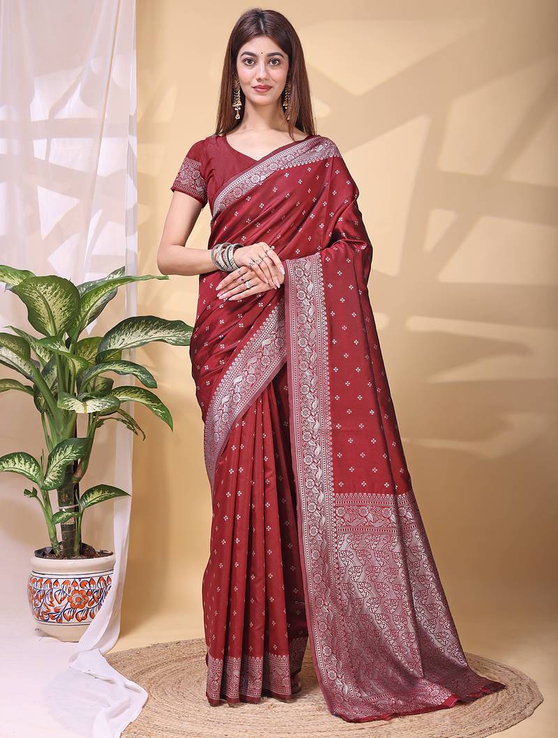 Maroon color weaving jacquard traditional saree with blouse piece