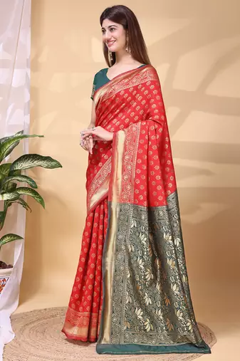 Red and green color weaving jacquard traditional saree with blouse piece