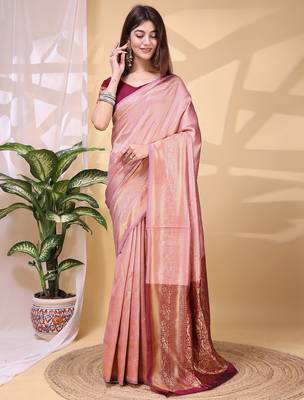 Babypink color weaving jacquard traditional saree with blouse piece 2