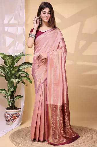Babypink color weaving jacquard traditional saree with blouse piece