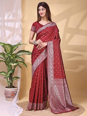 Maroon color weaving jacquard traditional saree with blouse piece 2