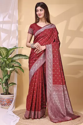 Maroon color weaving jacquard traditional saree with blouse piece