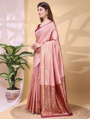 Babypink color weaving jacquard traditional saree with blouse piece 3
