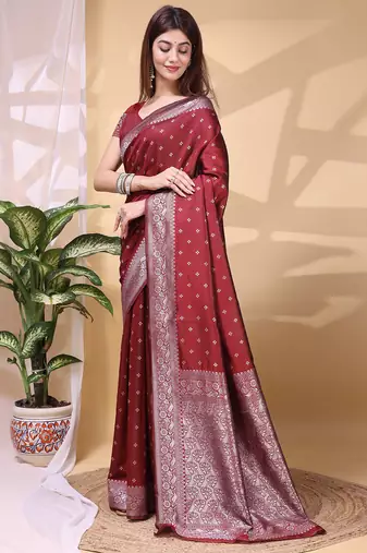 Maroon color weaving jacquard traditional saree with blouse piece