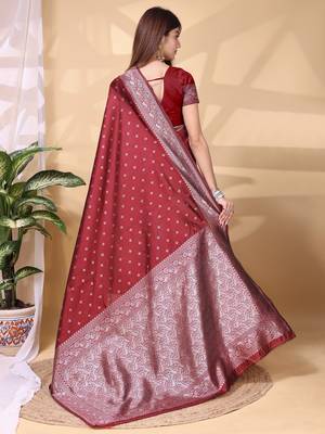 Maroon color weaving jacquard traditional saree with blouse piece 4