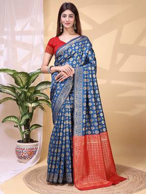Blue color weaving jacquard traditional saree with blouse piece 1