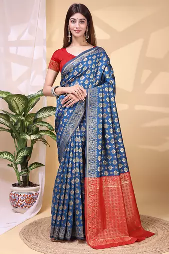 Blue color weaving jacquard traditional saree with blouse piece