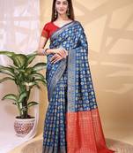 Blue color weaving jacquard traditional saree with blouse piece