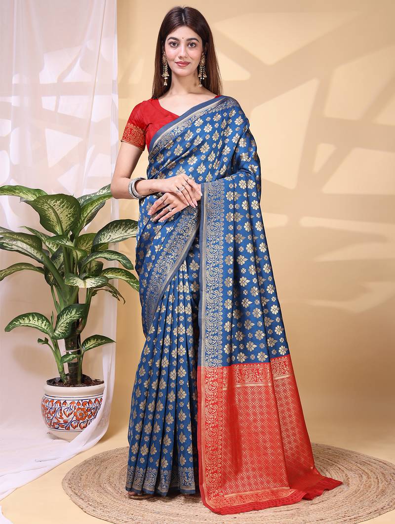 Blue color weaving jacquard traditional saree with blouse piece