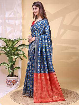 Blue color weaving jacquard traditional saree with blouse piece 2