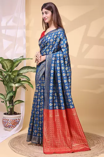Blue color weaving jacquard traditional saree with blouse piece