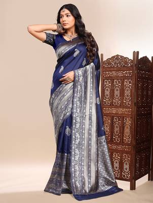 Blue color weaving jacquard traditional saree with blouse piece 1