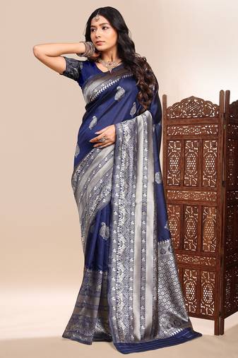 Blue color weaving jacquard traditional saree with blouse piece