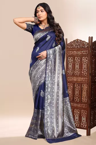Blue color weaving jacquard traditional saree with blouse piece