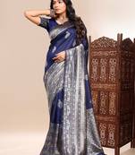 Blue color weaving jacquard traditional saree with blouse piece