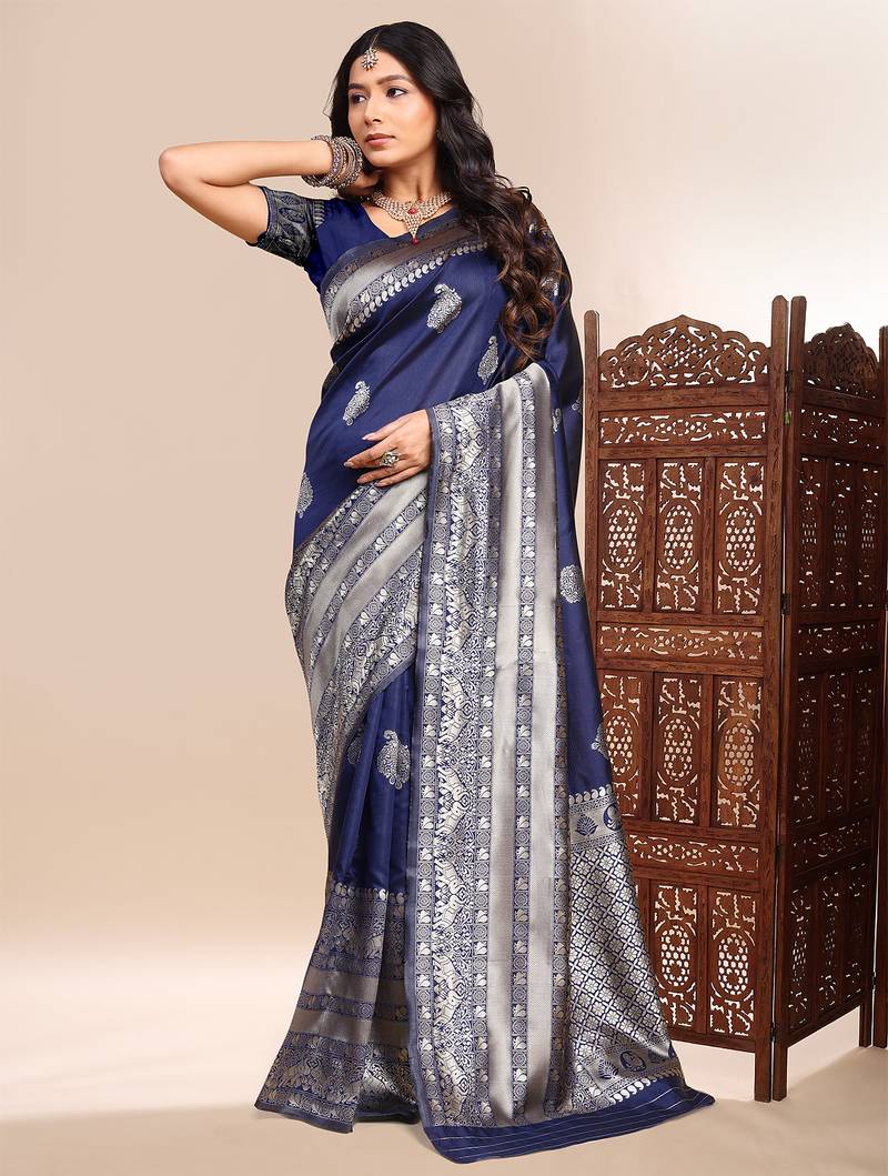 Blue color weaving jacquard traditional saree with blouse piece