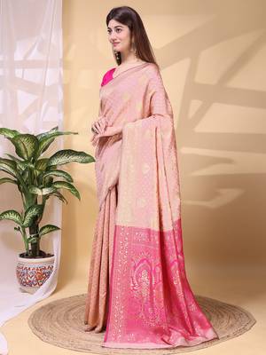 Babypink color weaving jacquard traditional saree with blouse piece 2