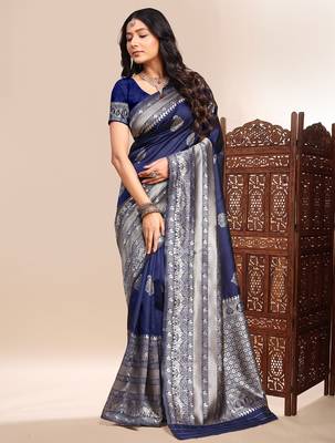 Blue color weaving jacquard traditional saree with blouse piece 2