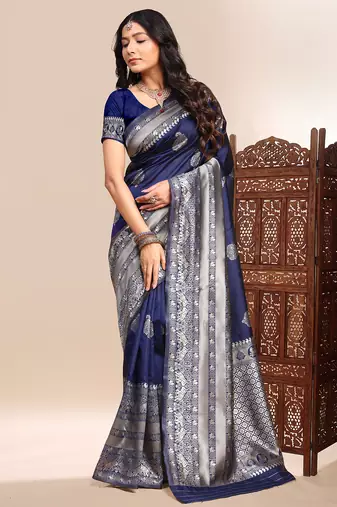 Blue color weaving jacquard traditional saree with blouse piece
