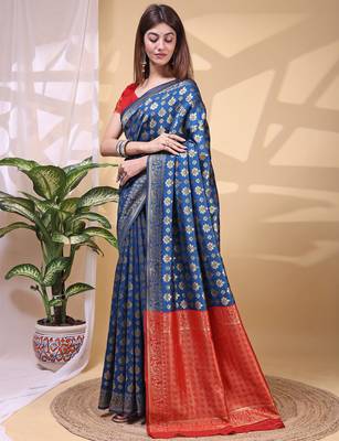 Blue color weaving jacquard traditional saree with blouse piece 3