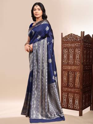 Blue color weaving jacquard traditional saree with blouse piece 3