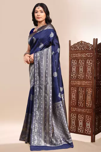 Blue color weaving jacquard traditional saree with blouse piece