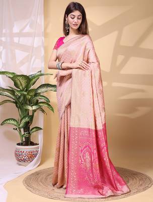 Babypink color weaving jacquard traditional saree with blouse piece 4