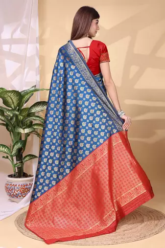 Blue color weaving jacquard traditional saree with blouse piece