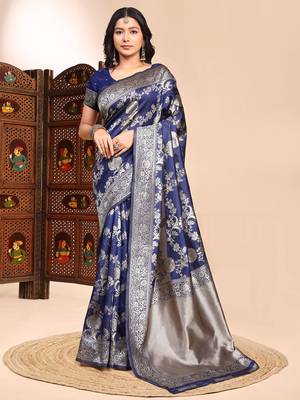 Blue color weaving jacquard traditional saree with blouse piece 1