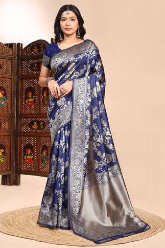 Blue color weaving jacquard traditional saree with blouse piece