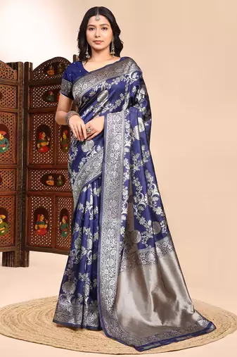 Blue color weaving jacquard traditional saree with blouse piece