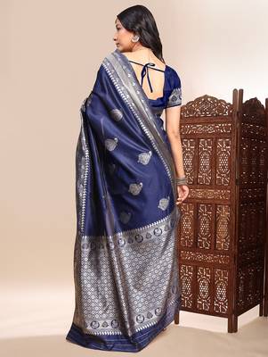Blue color weaving jacquard traditional saree with blouse piece 4
