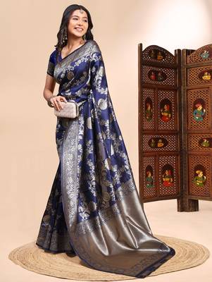 Blue color weaving jacquard traditional saree with blouse piece 2