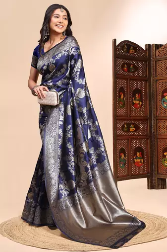 Blue color weaving jacquard traditional saree with blouse piece