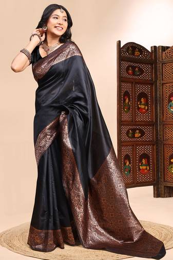 Black color weaving jacquard traditional saree with blouse piece