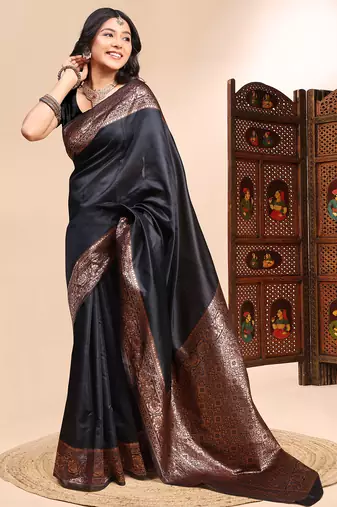 Black color weaving jacquard traditional saree with blouse piece